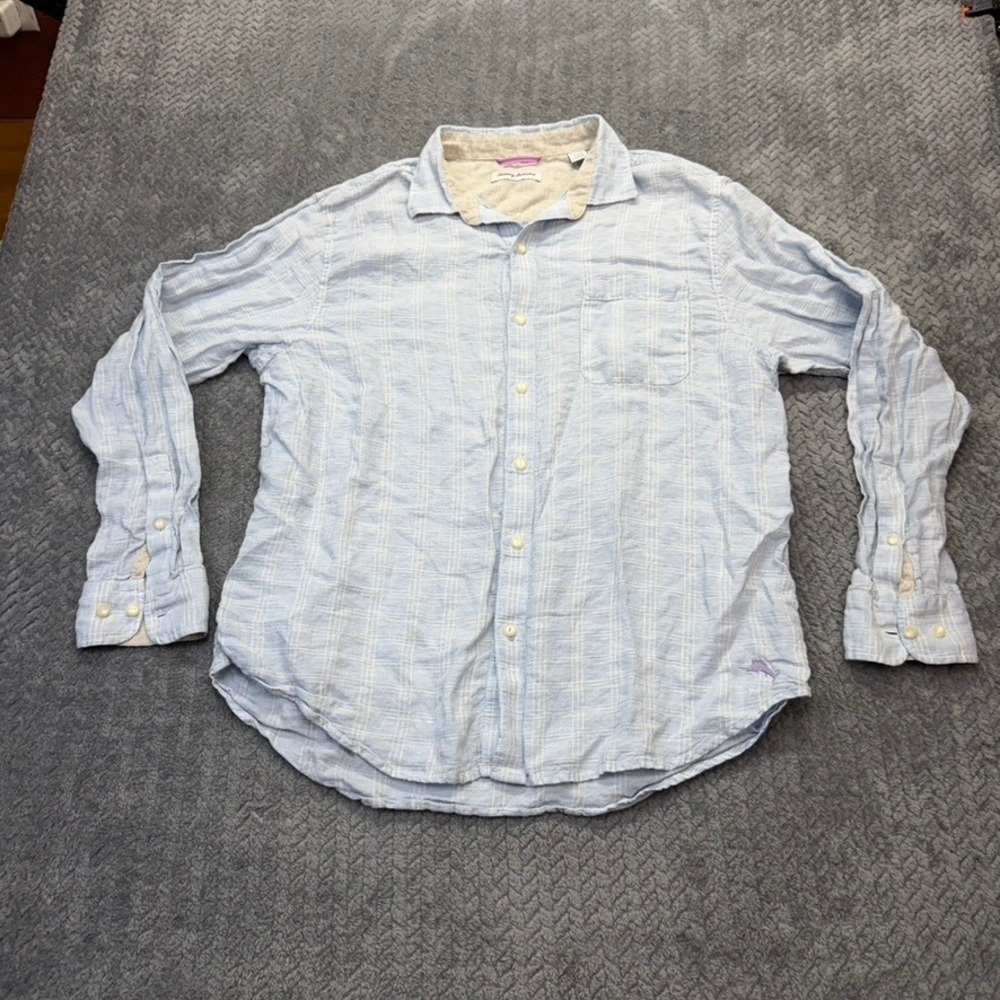 Tommy Bahama Shirt Men XL Blue Plaid 100% Linen Long Sleeve Coastal Casual Plaid